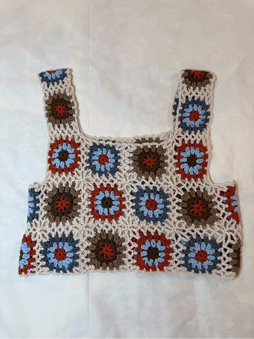 RSQ Crochet Granny Square Crop Top - Cream, Blue & Brown with Rust Accents